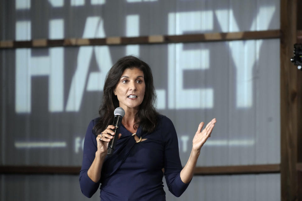 FILE - Republican presidential hopeful Nikki Haley speaks during a campaign rally in the South Carolina state House district she used to represent, Thursday, April 6, 2023, in Gilbert, S.C. Haley told Iowa voters this week that abortion is “a personal issue” that should be left to the states, although she left open the possibility of a federal ban without getting into specifics. (AP Photo/Meg Kinnard, File)