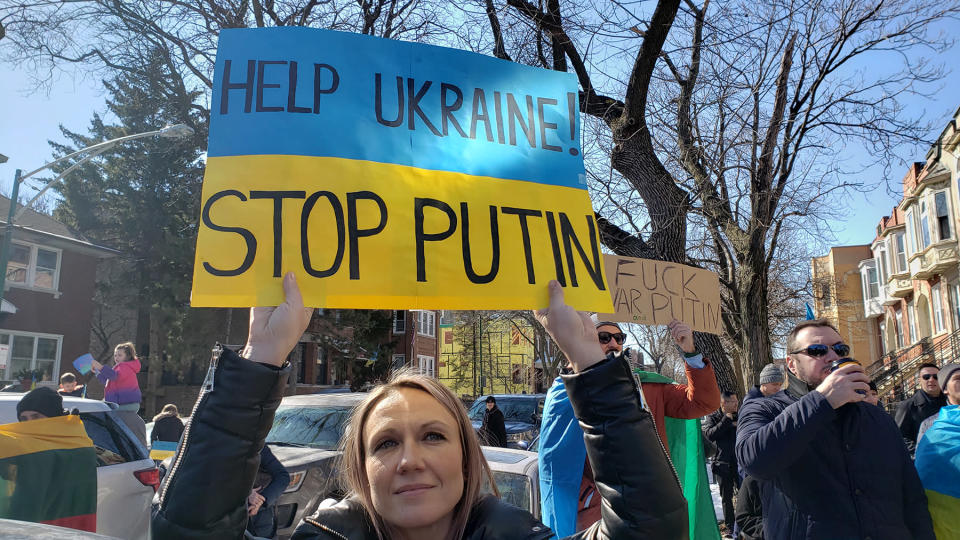 Elena Lypnytska at Sunday&#x002019;s protest in Chicago&#x002019;s Ukrainian Village - Credit: Althea Legaspi