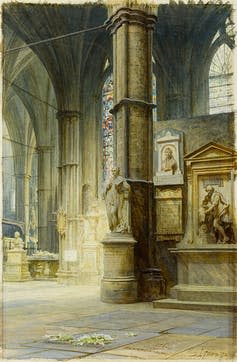 <span class="caption">Luke Fildes, Dickens’s grave in Westminster Abbey (1873).</span> <span class="attribution"><span class="source">Charles Dickens Museum</span>, <a class="link " href="http://creativecommons.org/licenses/by/4.0/" rel="nofollow noopener" target="_blank" data-ylk="slk:CC BY;elm:context_link;itc:0;sec:content-canvas">CC BY</a></span>