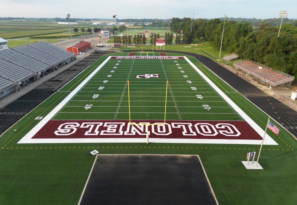 The new turf field installed inside Colonel Stadium at Henderson County High School.