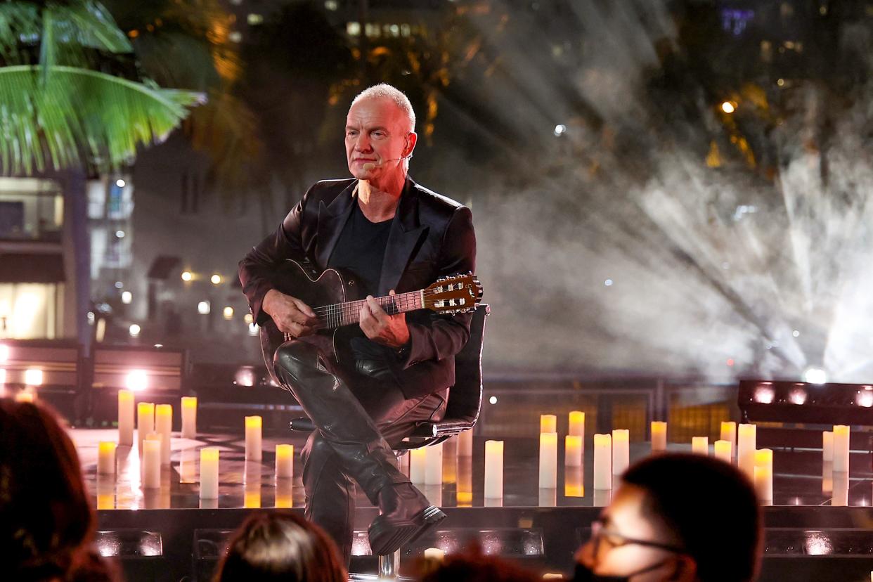 In this image released on February 24, 2022, Sting performs during Univision's 34th Edition Of Premio Lo Nuestro a la Música Latina at FTX Arena on February 18, 2022 in Miami, Florida.