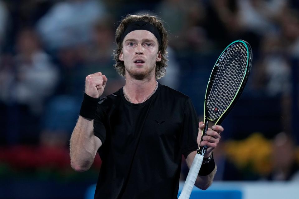 Andrey Rublev celebrates after his win against Alexander Zverev.