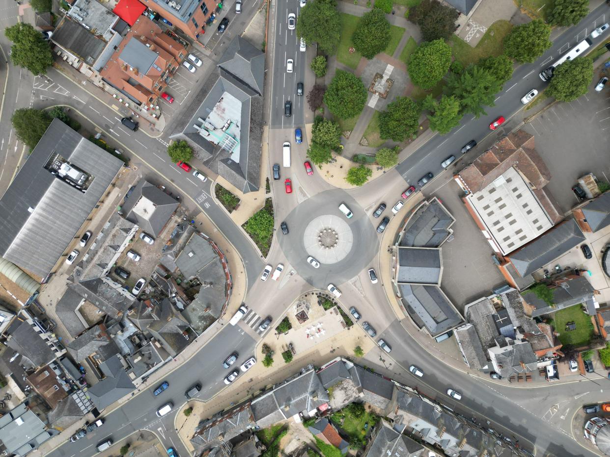 Overhead top down view roundabout Newmarket Suffolk England Aerial