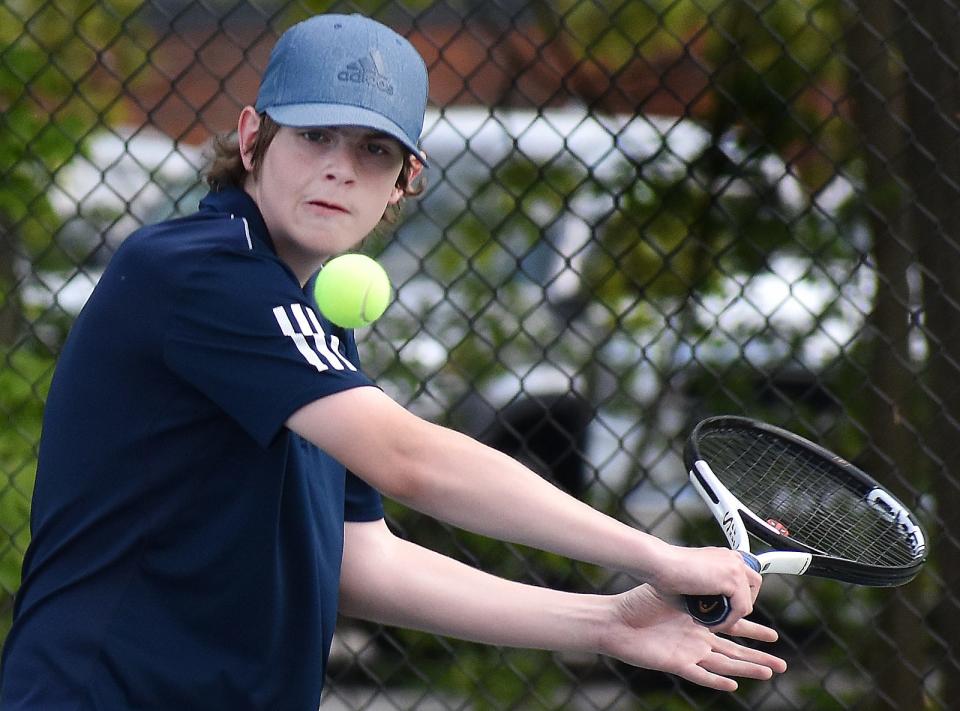 Somerset Berkley's third singles player Max Petit lines up a shot in Thursday's match against Seekonk at Chapman Courts in Somerset.