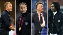 <p>Trainer bei der WM in Katar: Hansi Flick (Deutschland), Kasper Hjulmand (Dänemark), Louis van Gaal (Niederlande) und Rigoberto Song (Kamerun). (v.l.n.r., alle Bilder: Reuters)</p> 