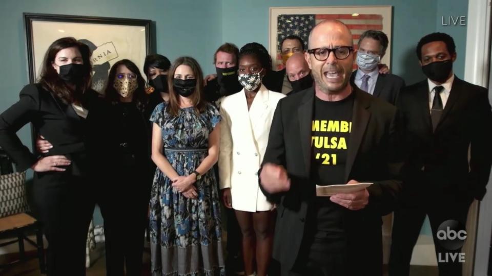 Damon Lindelof accepts the limited-series Emmy for "Watchmen" in a screen grab from the 72nd Emmy Awards telecast.