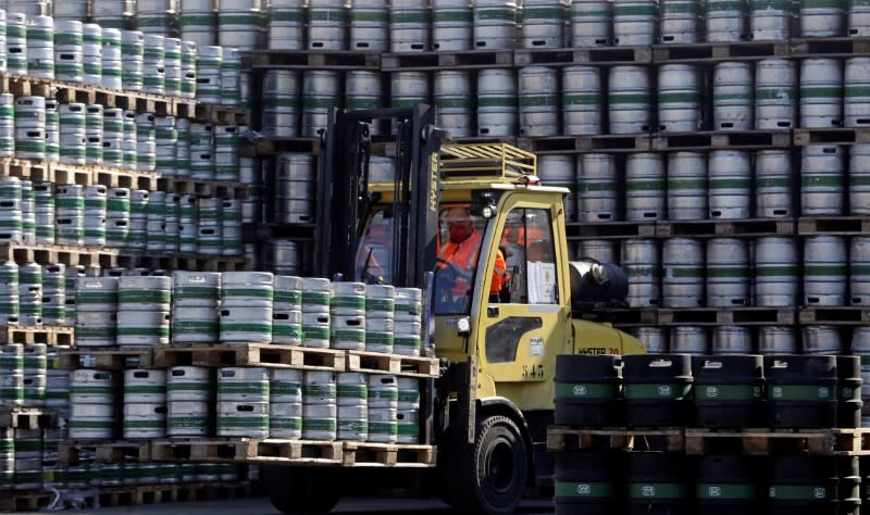 Kegs of beer are transported on the yard of Plzensky Prazdroj brewery in Plzen