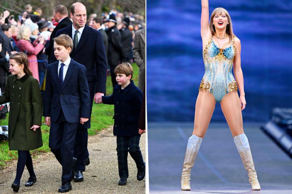 <p>Shutterstock; Gareth Cattermole/Getty</p> Prince William with his children; Taylor Swift