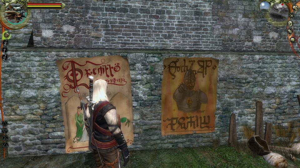 Geralt looking at a Temarian recruitment poster