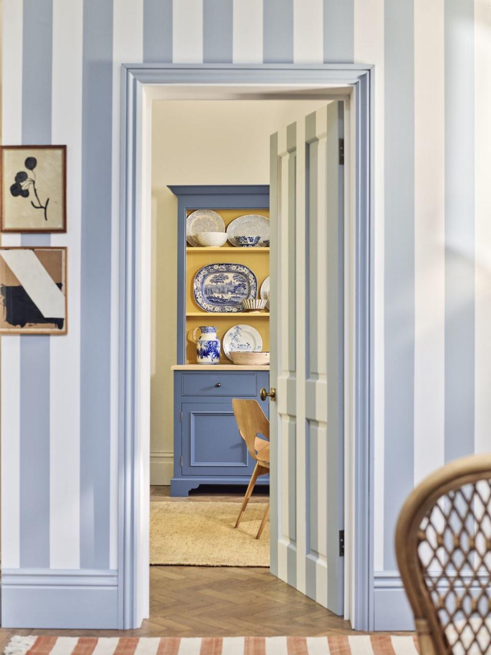 striped blue and white hallway