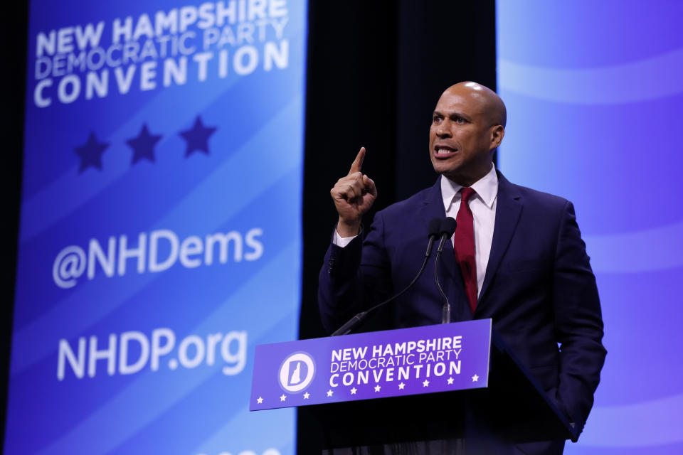 Democratic presidential candidate Sen. Cory Booker, D-N.J speaks during the New Hampshire state Democratic Party convention, Saturday, Sept. 7, 2019, in Manchester, NH. (AP Photo/Robert F. Bukaty)