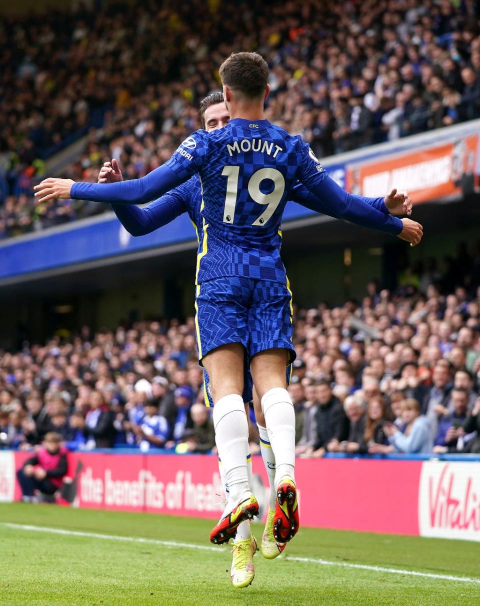Chelsea’s Mason Mount celebrates scoring his side’s first goal in the 7-0 win over Norwich (Tess Derry/PA) (PA Wire)