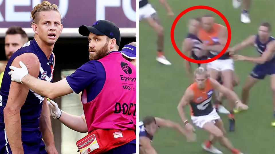 The two-week ban handed to GWS Giants utility Sam Reid for his high hit on Fremantle's Nat Fyfe has led to an accusation of inconsistency directed at the AFL. Pictures: Getty Images/AFL