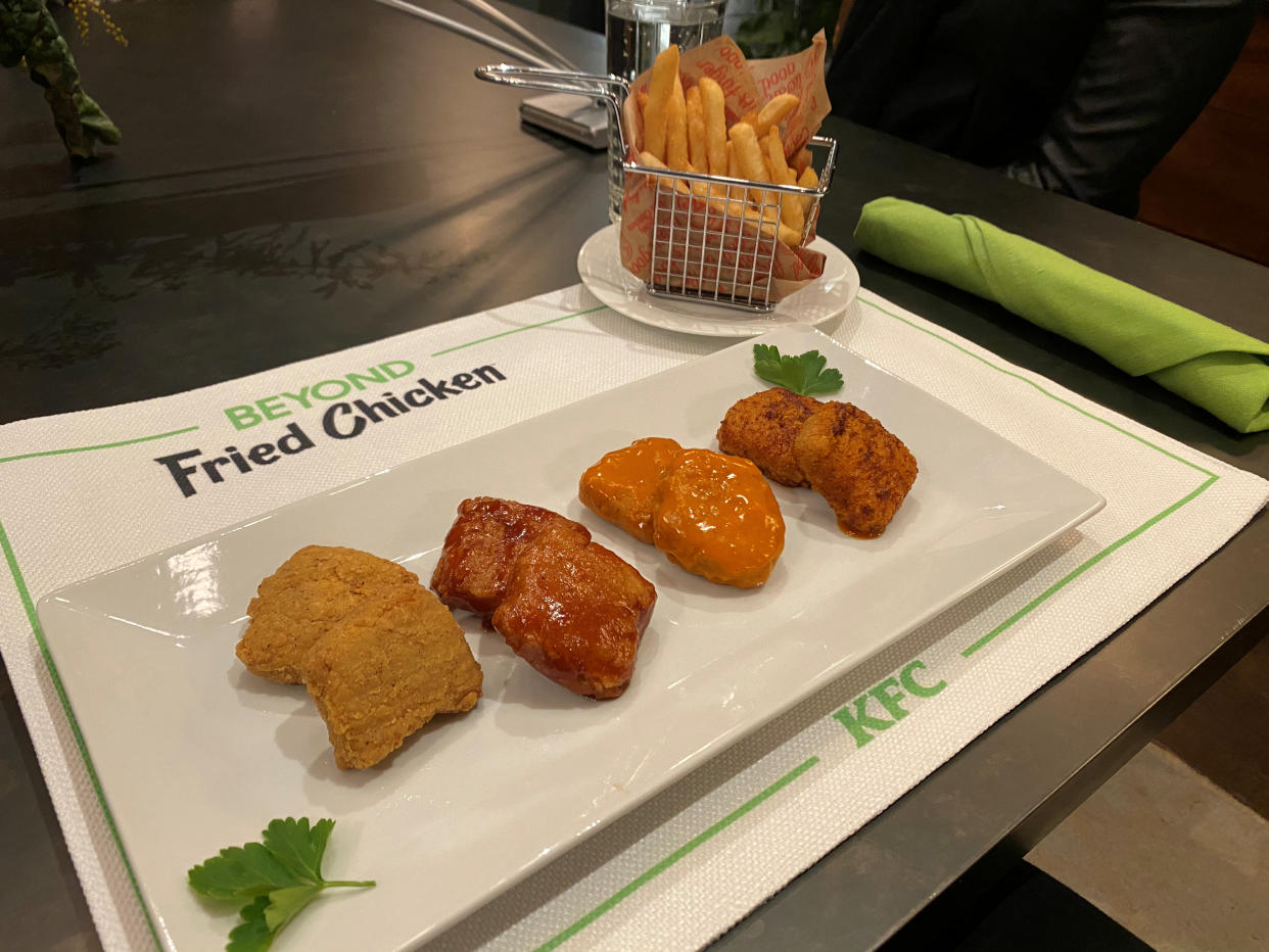 A plate of Beyond Fried Chicken served with KFC sauces is seen in Chicago, Illinois, U.S. January 28, 2020. Picture taken January 28, 2020. REUTERS/Richa Naidu