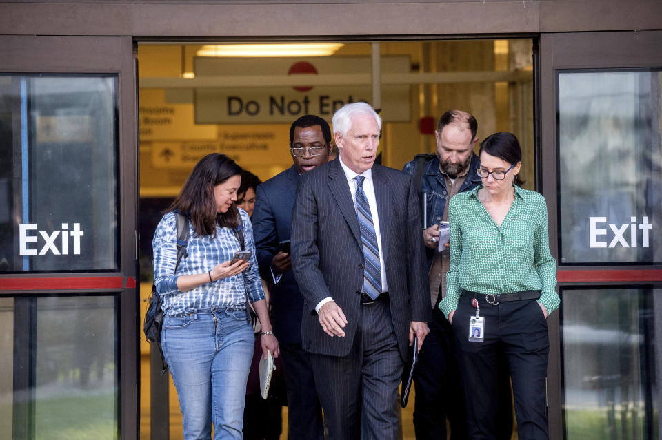 San Mateo County District Attorney Steve Wagstaffe leaves the San Mateo Hall of Justice following Chunli Zhao's arraignment in Redwood City, Calif., on Wednesday, Jan. 25, 2023. Zhao, 66, faces seven counts of murder and one of attempted murder for shootings at two Northern California mushroom farms. (AP Photo/Noah Berger)