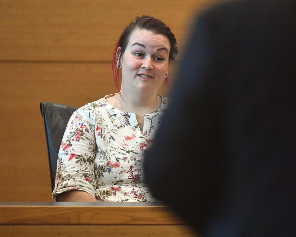 Danyel Musser looks at Jabe Carney as she testifies about forgiving him for the 2006 death of her brother, Jason Gibson. Carney was originally sentenced in 2008 for DUI manslaughter in the death of his friend, Jason Gibson, and was resentenced Tuesday at the Manatee County Judicial Center.