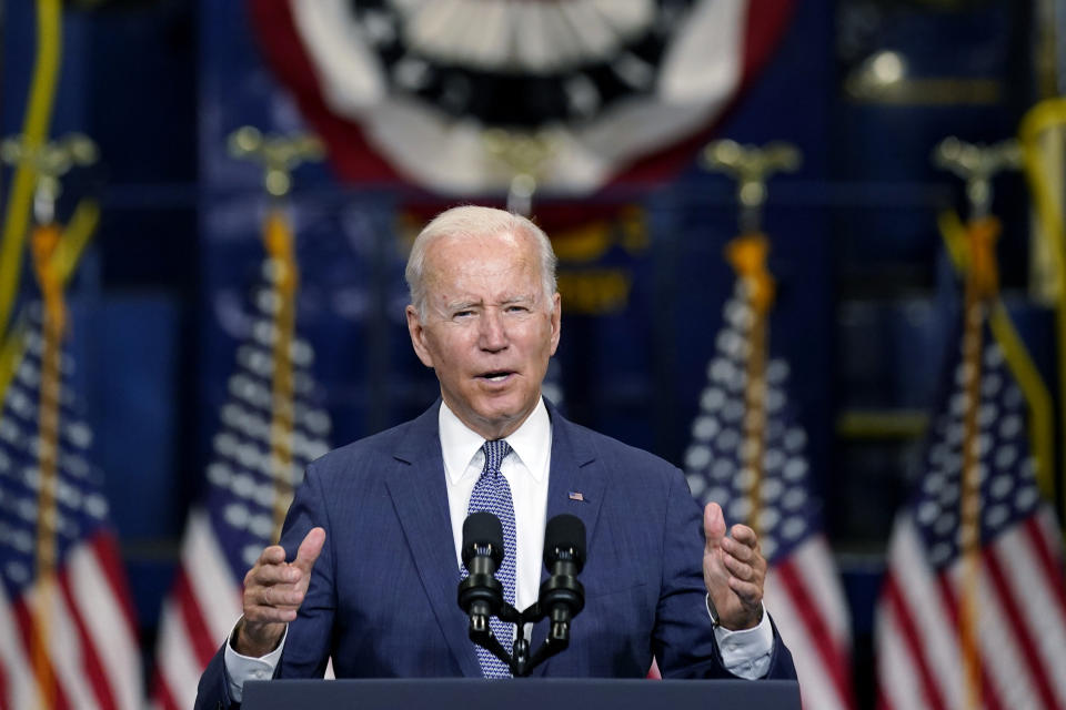 President Joe Biden delivers remarks at NJ Transit Meadowlands Maintenance Complex to promote his "Build Back Better" agenda, Monday, Oct. 25, 2021, in Kearny, N.J. (AP Photo/Evan Vucci)