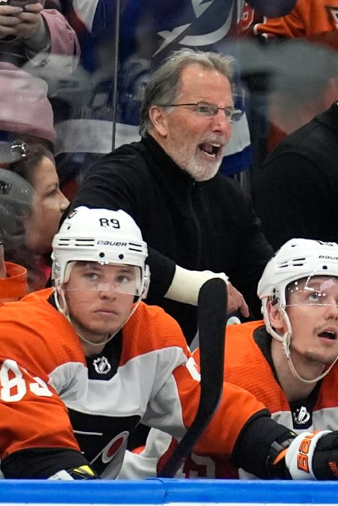 Philadelphia Flyers head coach John Tortorella screams at the officials after being kicked out of the game against the Tampa Bay Lightning during the first period of an NHL hockey game Saturday, March 9, 2024, in Tampa, Fla. (AP Photo/Chris O’Meara)