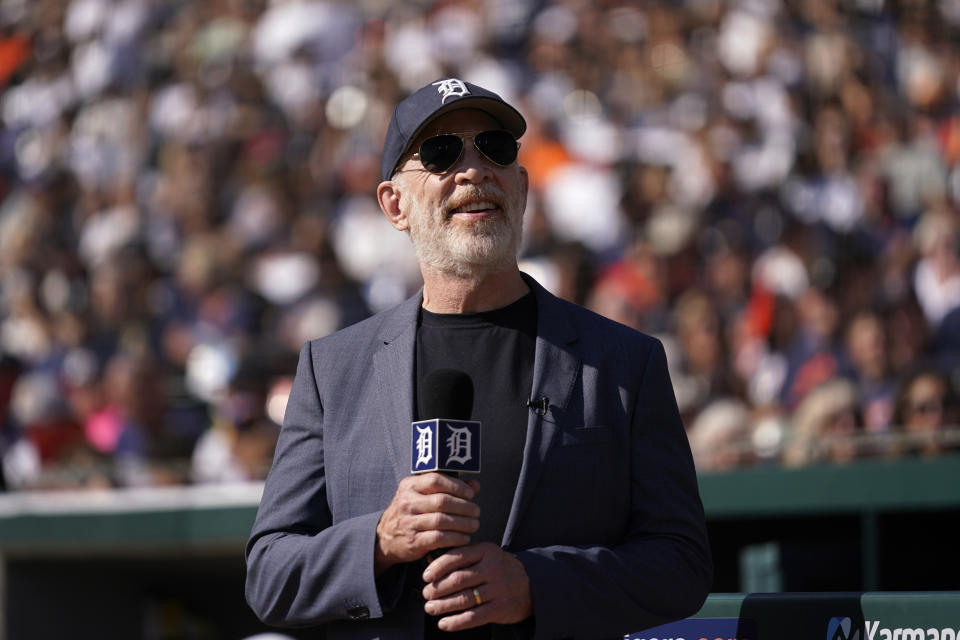 Actor J.K. Simmons introduces Detroit Tigers' Miguel Cabrera before the first inning of a baseball game against the Cleveland Guardians, Sunday, Oct. 1, 2023, in Detroit. (AP Photo/Paul Sancya)