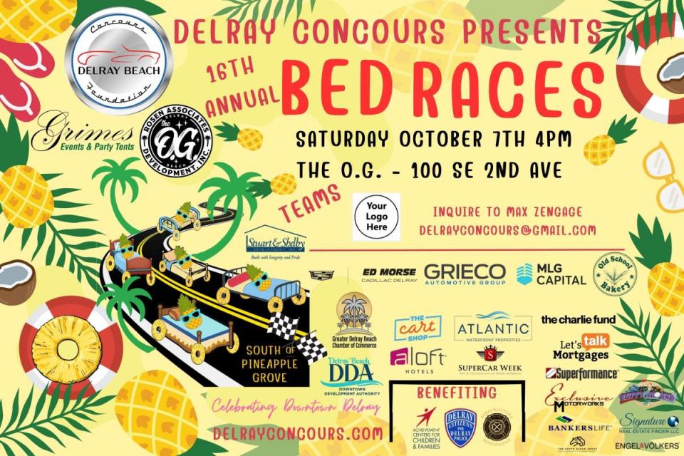 The annual Delray Bed Race in downtown Delray Beach (reborn after a decade off) will be held Saturday, Oct. 7 on SE Second Avenue. It will feature 16 teams.
