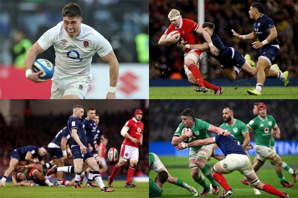 England’s Tommy Freeman (top left), Wales’ Aaron Wainwright (top right), Scotland’s Finn Russell (bottom left) and Ireland’s Joe McCarthy (bottom right) all impressed (Getty/Fotor)