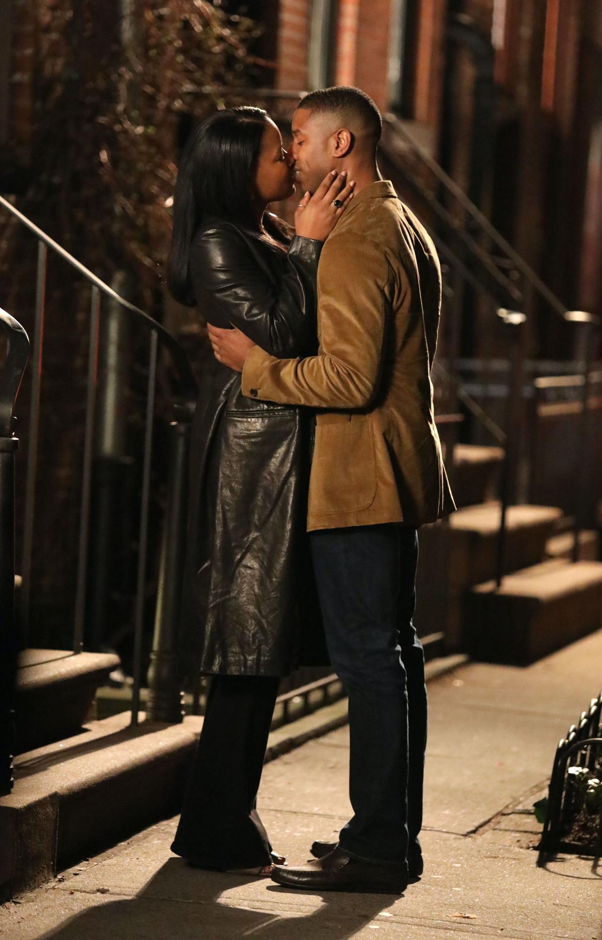 Michael B. Jordan and Chante Adams are seen during a kissing scene on the set of "A Journal for Jordan" on March 28, 2021, in New York City.