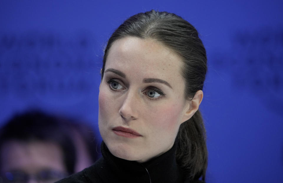 Finland's Prime Minister Sanna Marin attends a panel at the World Economic Forum in Davos, Switzerland Tuesday, Jan. 17, 2023. The annual meeting of the World Economic Forum is taking place in Davos from Jan. 16 until Jan. 20, 2023. (AP Photo/Markus Schreiber)