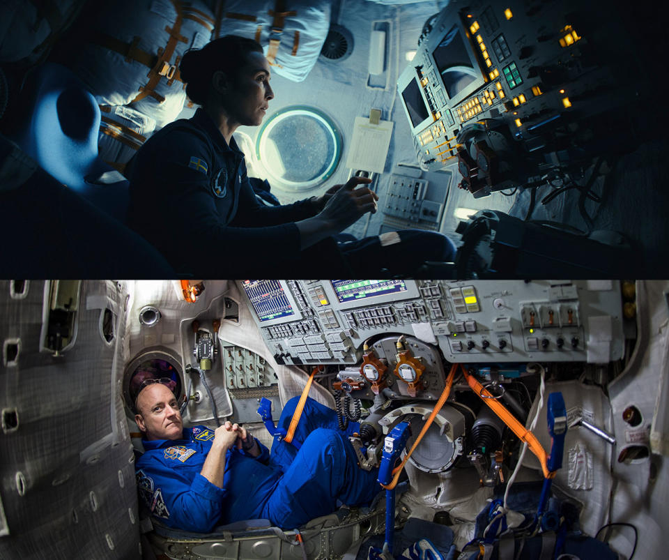 two photos, one above and one below, of a woman and a man respectively, sitting in a cockpit full of wires, levels and cables