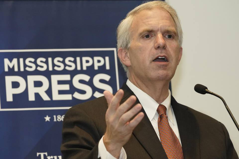 Democratic gubernatorial candidate Brandon Presley speaks to his political platform before attendees of the Mississippi Press Association annual meeting in Flowood, Miss., Friday, June 16, 2023. (AP Photo/Rogelio V. Solis)