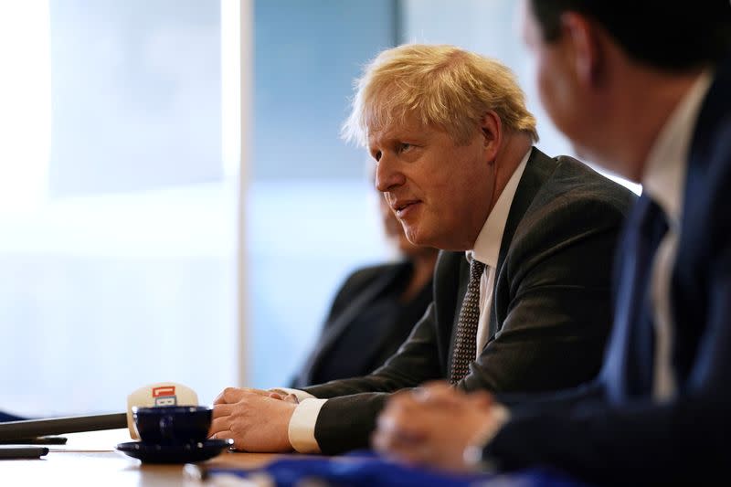 Britain's PM Boris Johnson visits Hartlepool United Football Club ahead of May 6 by-election