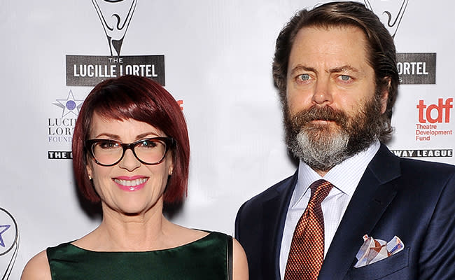 <div class="caption-title"><b>Megan Mullally and Nick Offerman</b>, <i>Parks and Recreation</i> Megan and Nick play exes Ron and Tammy a bit too well on the show, but have been happily married since 2003.<br><br>Photo by Getty</div>