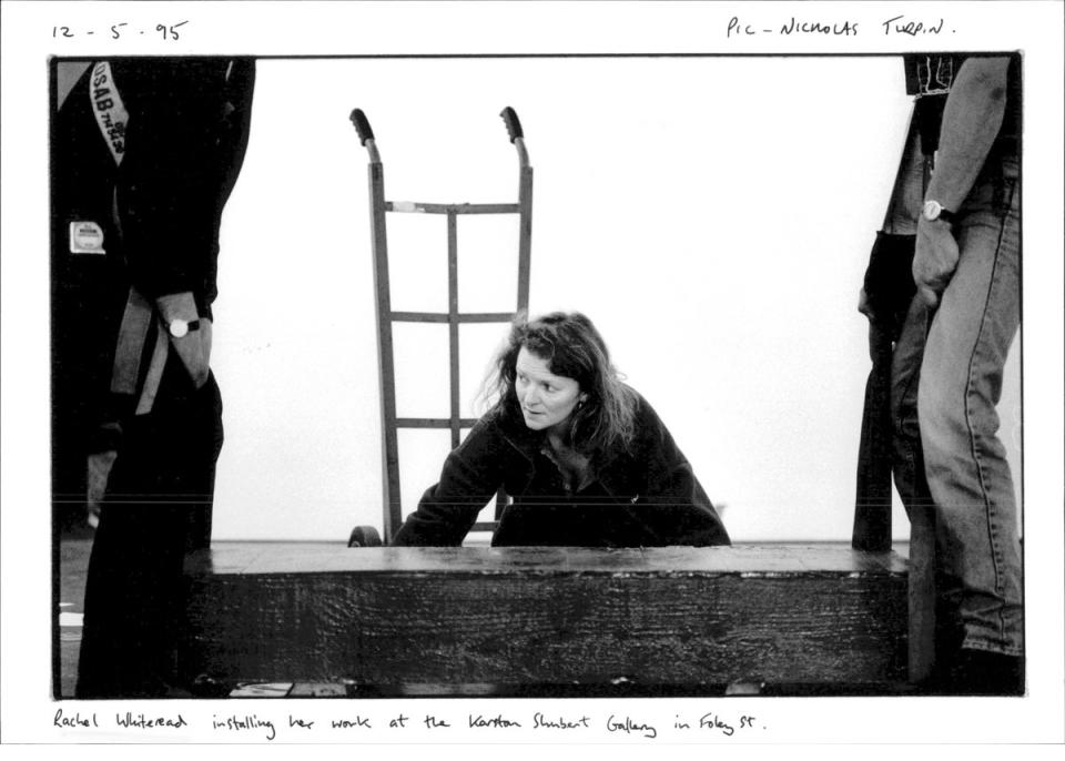 Rachel Whiteread installing her work at the Karston Shubert Gallery, 1995 (Nicolas Turpin/Independent)