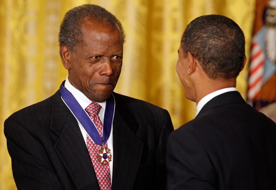 <p>Former President Barack Obama awarded Sidney with the <a href="https://obamawhitehouse.archives.gov/blog/2009/07/30/presidential-medal-freedom-recipients" class="link " rel="nofollow noopener" target="_blank" data-ylk="slk:Presidential Medal of Freedom">Presidential Medal of Freedom</a> during his first term at The White House in 2009. Sidney's medal was the highest civilian honor, celebrating him for his artistic and humanitarian achievements, through which he broke barriers both on and off the silver screen.</p>