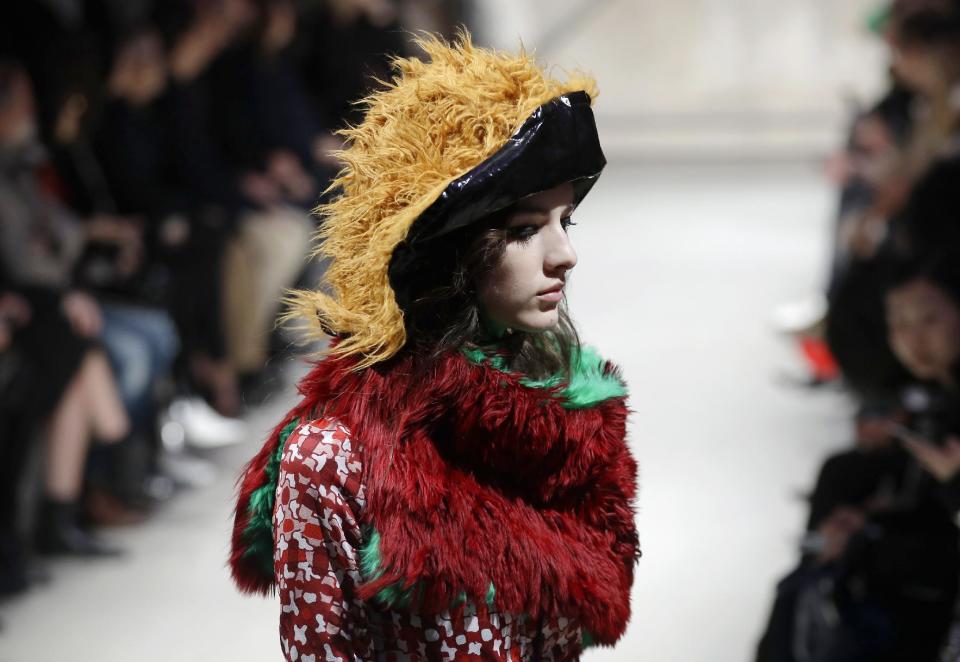 A model wears a creation for Marni women's Fall-Winter 2017-2018 collection, part of the Milan Fashion Week, unveiled in Milan, Italy, Sunday, Feb. 26, 2017. (AP Photo/Antonio Calanni)