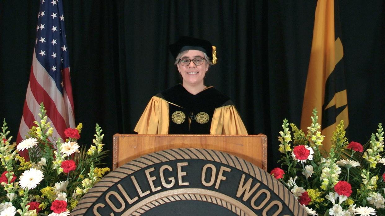 College of Wooster President Sarah Bolton addresses graduates in a virtual commencement ceremony in May 2020. Bolton has been named the next president of Whitman College in Walla Walla, Washington, the College of Wooster announced on its website Tuesday. Bolton  will remain at the local college through the current academic year and assume her new position July 18.