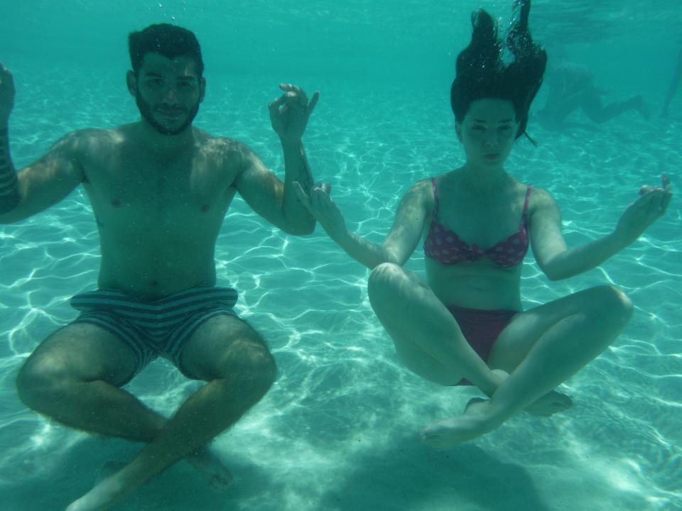 Author Sharon Waugh and friend underwater