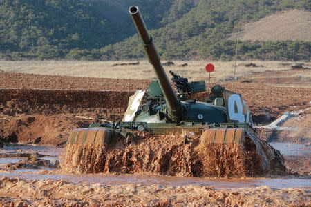 A tank is seen during the Korean People's Army tank crews' competition. REUTERS/KCNA