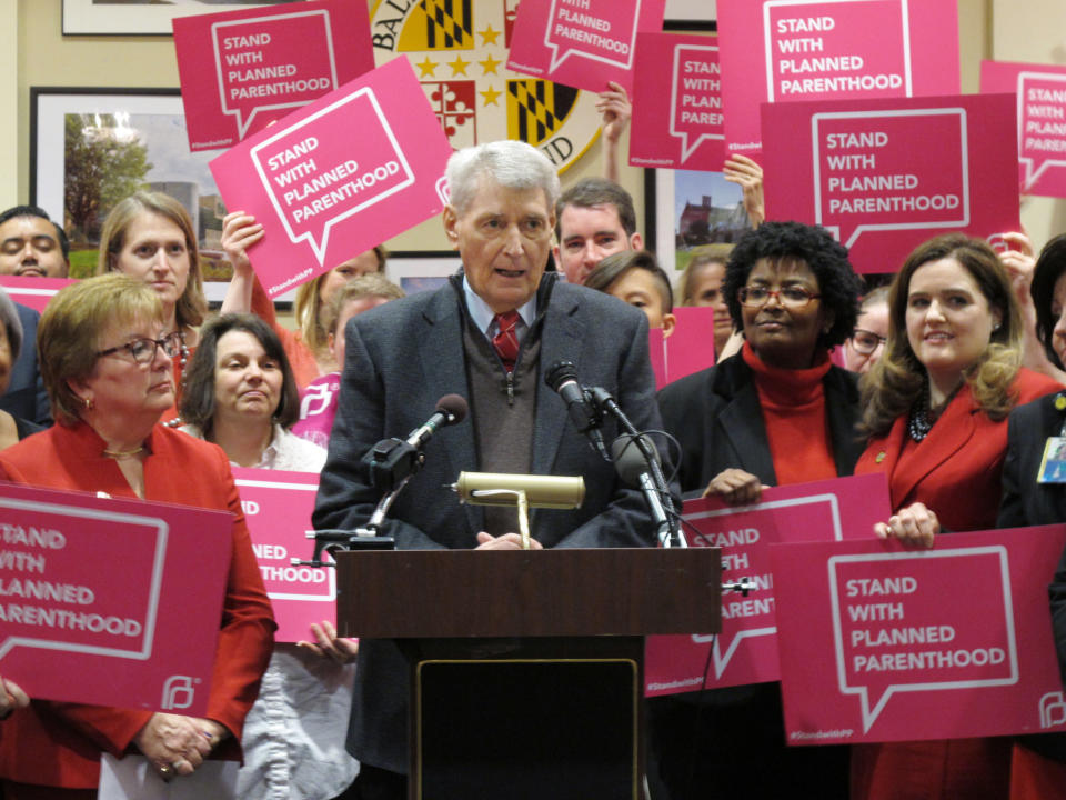 FILE - In this Wednesday, March 8, 2017, file photo, Maryland House Speaker Michael Busch speaks at a news conference in Annapolis, Md., in support of legislation to continue funding for services provided by Planned Parenthood. Democratic lawmakers in some states including Maryland are pressing ahead with efforts to protect birth control access, Planned Parenthood funding and abortion coverage in case they are jeopardized in the future. (AP Photo/Brian Witte, File)