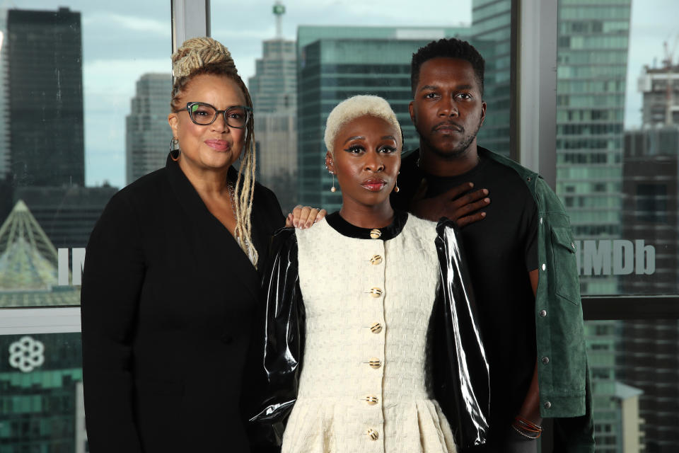 TORONTO, ONTARIO - SEPTEMBER 08:  Actress Cynthia Erivo, actor Leslie Odom Jr. and director Kasi Lemmons of 'Harriet' attend The IMDb Studio Presented By Intuit QuickBooks at Toronto 2019 at Bisha Hotel & Residences on September 08, 2019 in Toronto, Canada. (Photo by Rich Polk/Getty Images for IMDb)