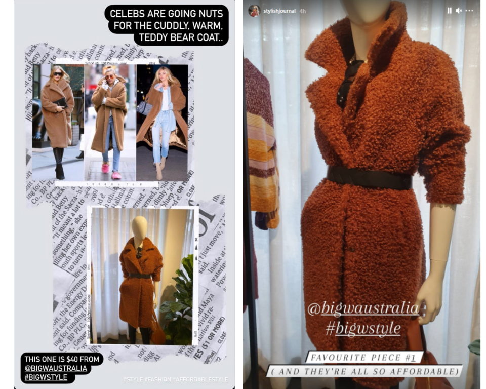 screenshots of Big W teddy bear coat featured on instagram stories