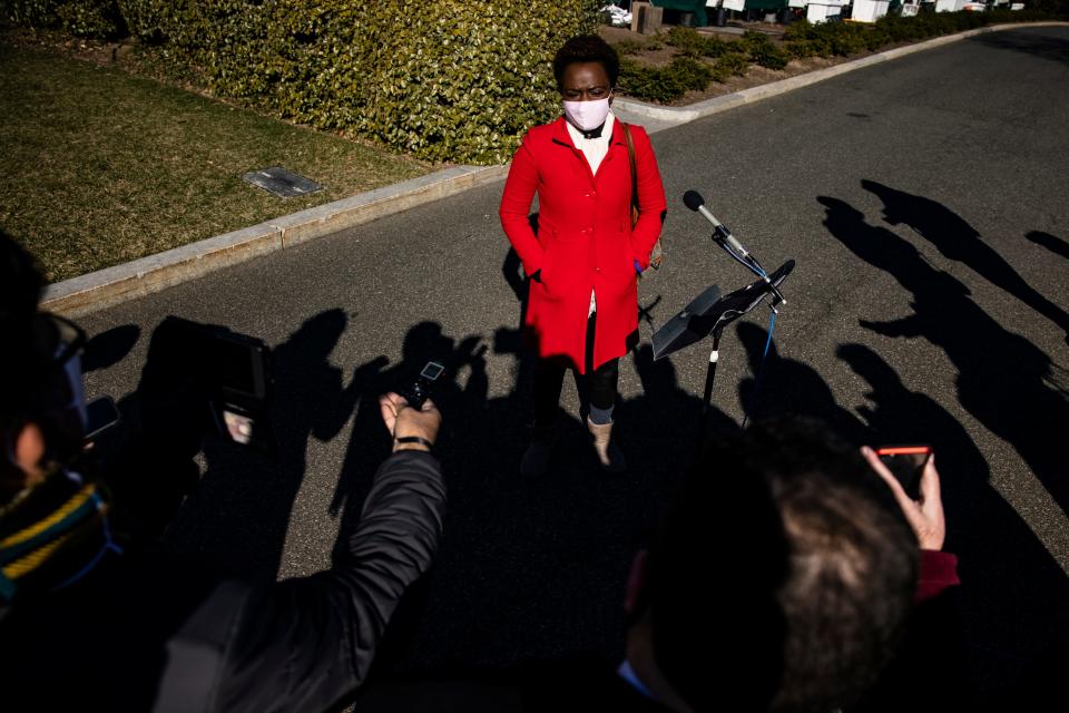 Karine Jean-Pierre, White House Principal Deputy Press Secretary, speaks to members of the press outside of the West Wing of the White House on Jan. 24, 2021 in Washington, DC.