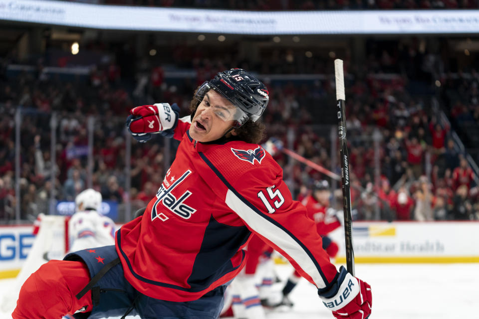 Washington Capitals left wing Sonny Milano celebrates after scoring during the first period of an NHL hockey game against the New York Rangers, Saturday, Dec. 9, 2023, in Washington. (AP Photo/Stephanie Scarbrough)