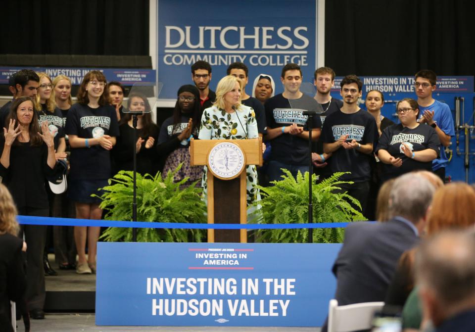 First Lady Jill Biden speaks during her visit to the Dutchess Community College mechatronics lab at the Fishkill campus on October 6, 2023.