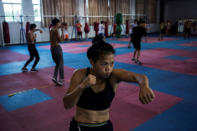Huang Wensi in action during her final training session in Ningbo, Zhejiang province, China, before she heads to Taiwan for her Asia Female Continental Super Flyweight Championship match, September 22, 2018. REUTERS/Yue Wu