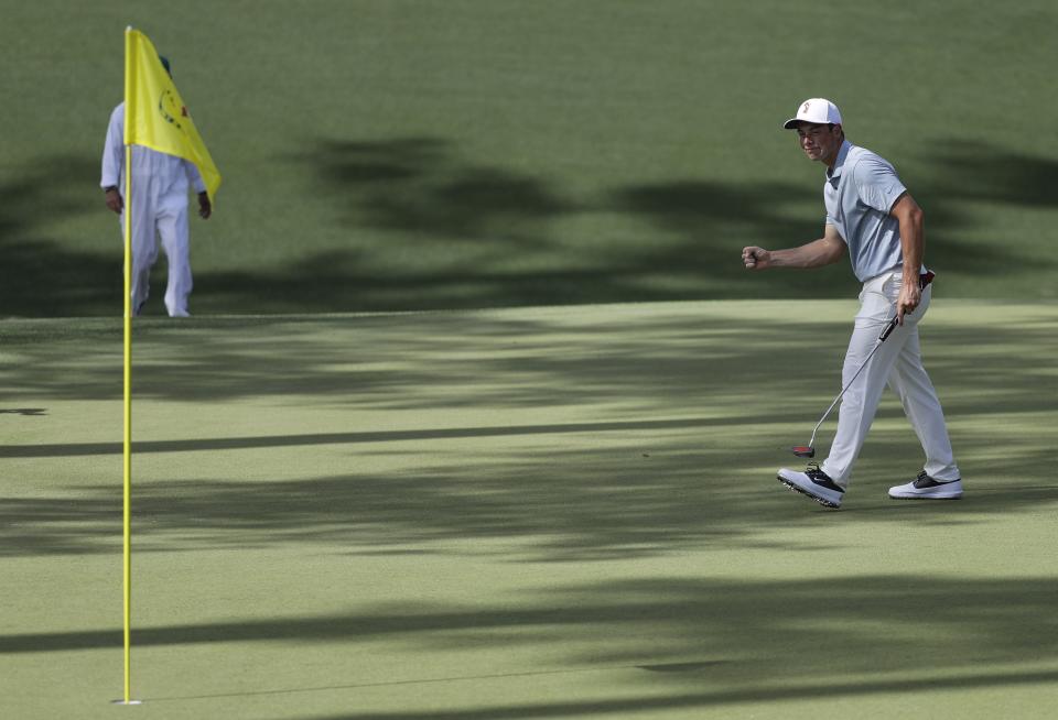 Viktor Hovland, of Norway, reacts to his birdie on the 10th hole during the second round for the Masters golf tournament Friday, April 12, 2019, in Augusta, Ga. (AP Photo/David J. Phillip)