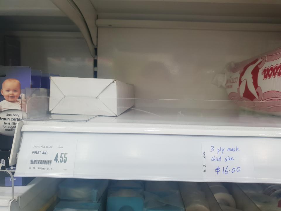 Only a single box of two-ply disposable face masks remains at Unity. (Photo:Wan Ting Koh/Yahoo News Singapore)