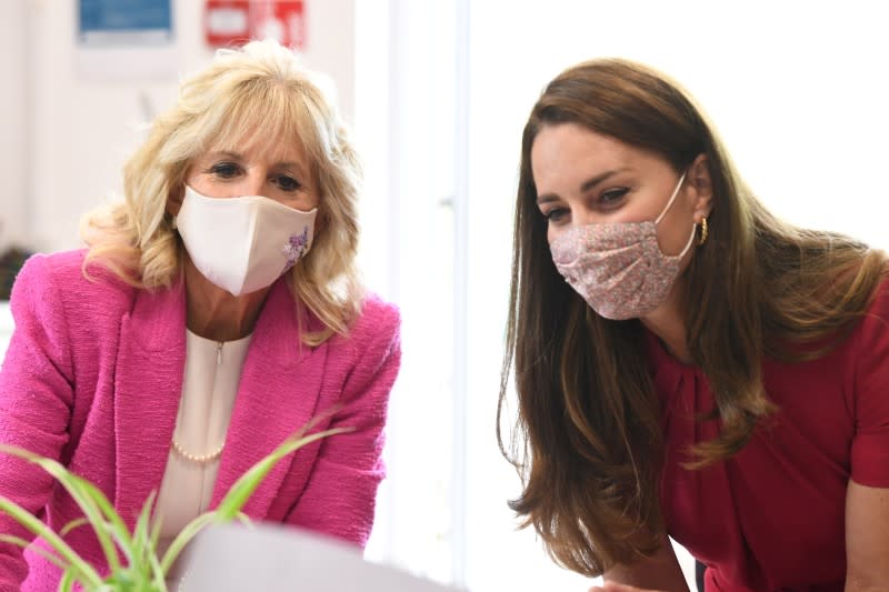 U.S. first lady Jill Biden and Britain's Catherine, Duchess of Cambridge, in Hayle