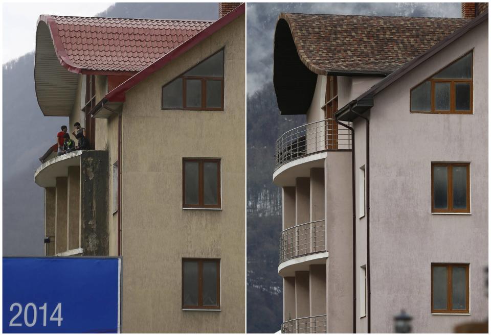 A combination of two pictures shows the development of construction within the last elevens months in the village of Krasnaya Polyana near Sochi