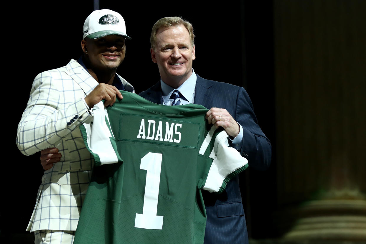 Jamal Adams poses with Roger Goodell after being picked No. 6 overall by the New York Jets during the first round of the 2017 NFL Draft on April 27, 2017. (Photo: Elsa via Getty Images)