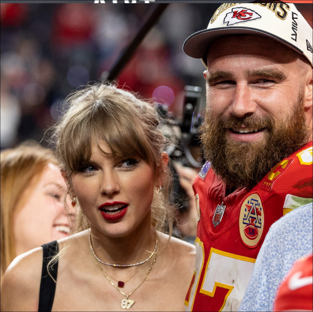  Taylor Swift and Travis Kelce at the 2024 Superbowl. 